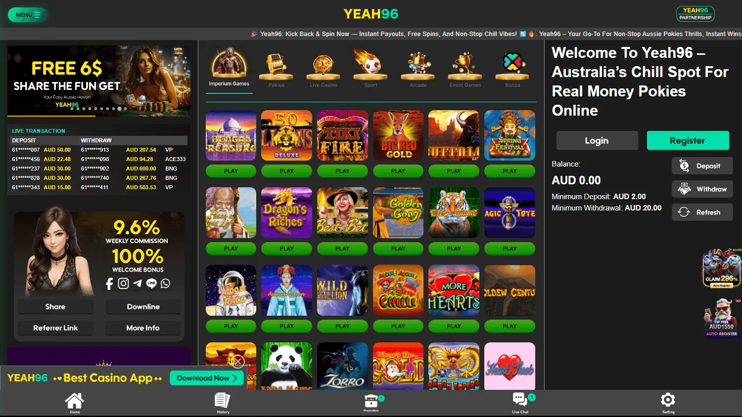 Yeah96 Casino desktop games area with pokies, live casino and betting categories