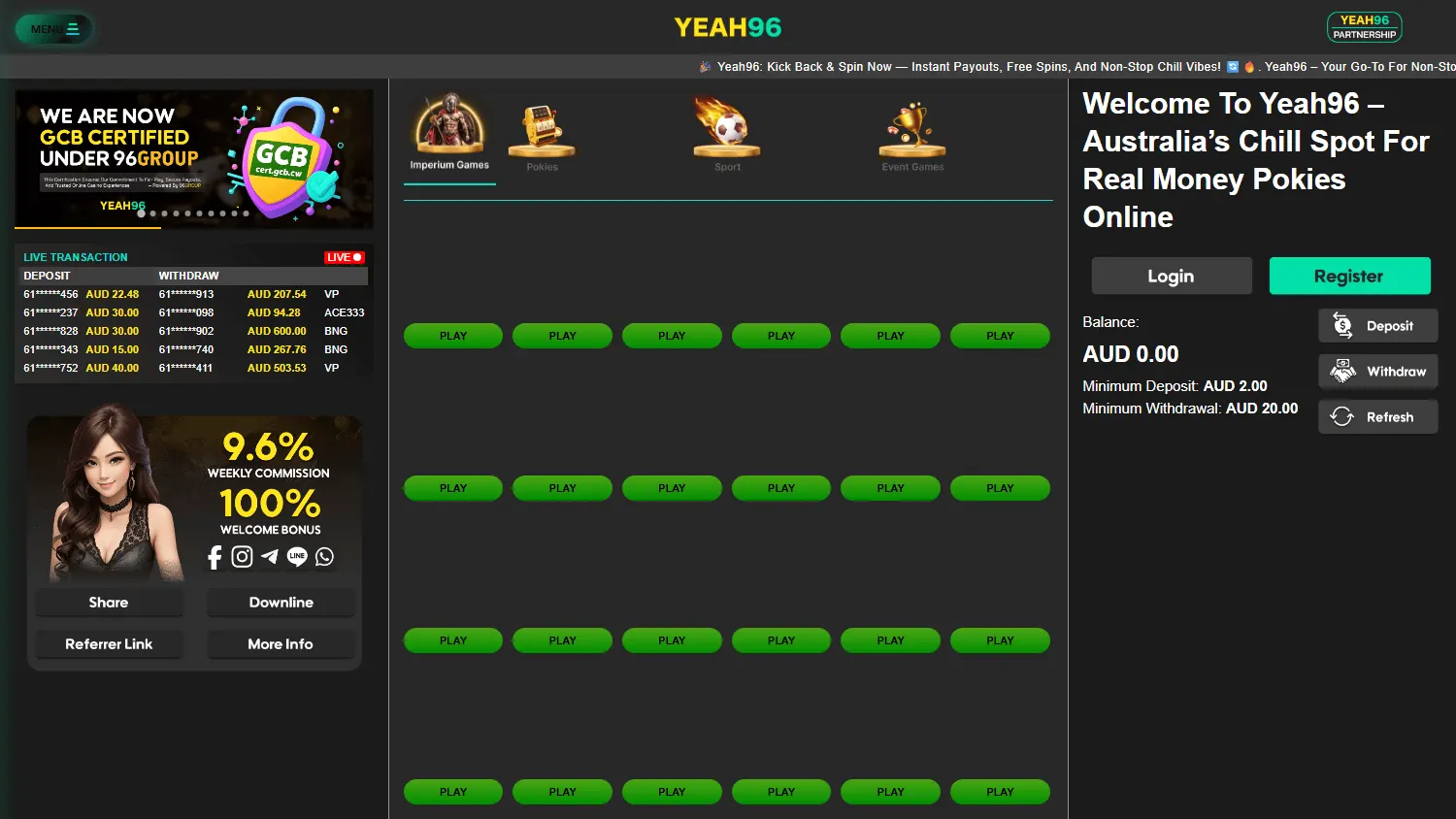 Yeah96 Casino desktop home experience with casino, sportsbook and account access