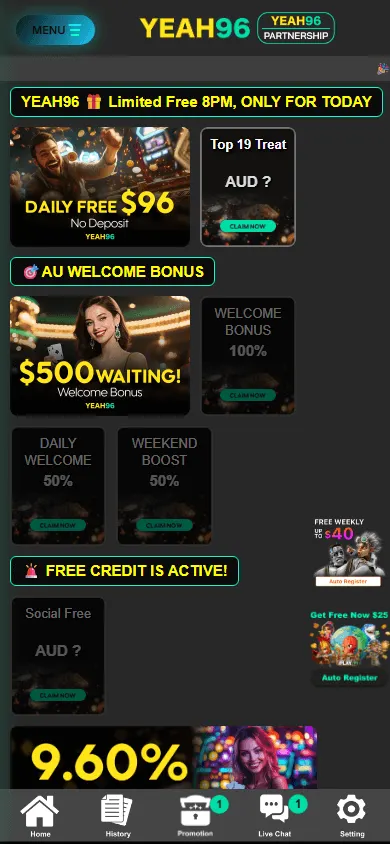 Yeah96 Casino mobile promotions area with loyalty, VIP and bonus offers