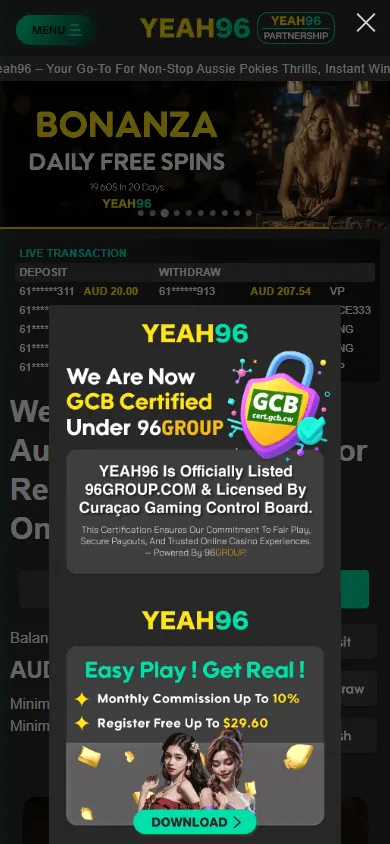 Yeah96 Casino mobile home experience with casino, sportsbook and promotions