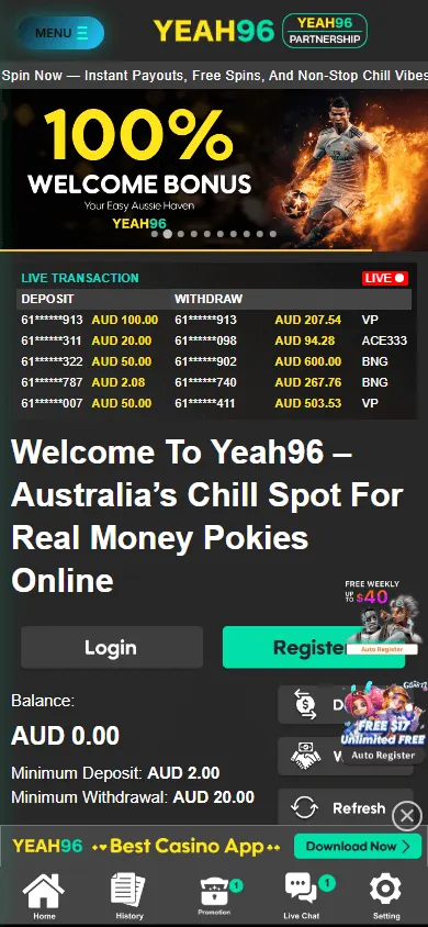 Yeah96 Casino mobile games experience with pokies and casino categories
